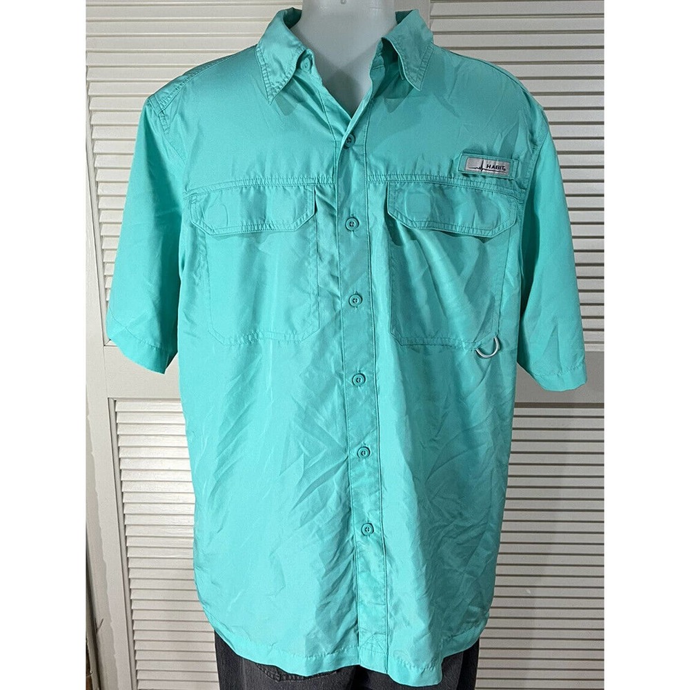 Mens Habit Medium Button Up Vented Green/ Teal Pockets Short Sleeve Fishing UV